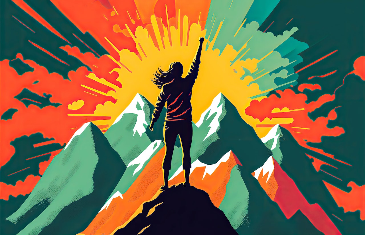 A woman standing triumphantly on top of a mountain