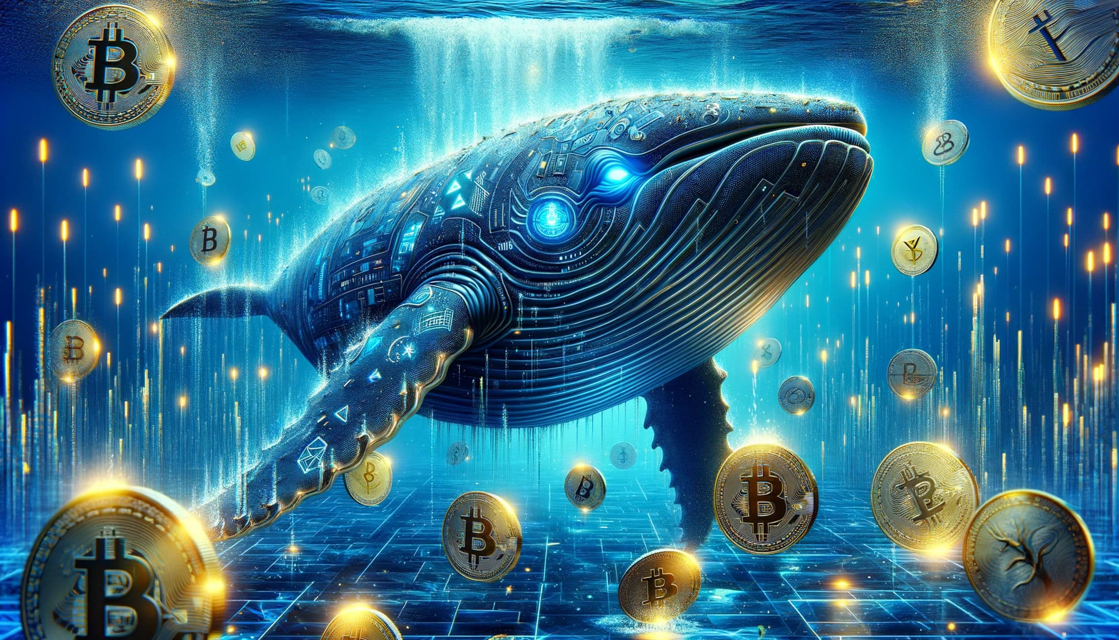  A mechanical whale swims in a digital sea with scattered cryptocurrency coins against a glowing circuit-like backdrop.