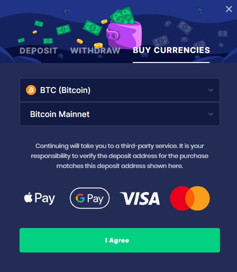 You can buy crypto on-site with Apple Pay, Google Pay, Visa, or Mastercard.