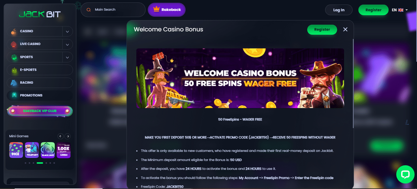 Jackbit welcome bonus 50 free spins wager free