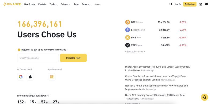 Binance Bitcoin Exchange Homepage