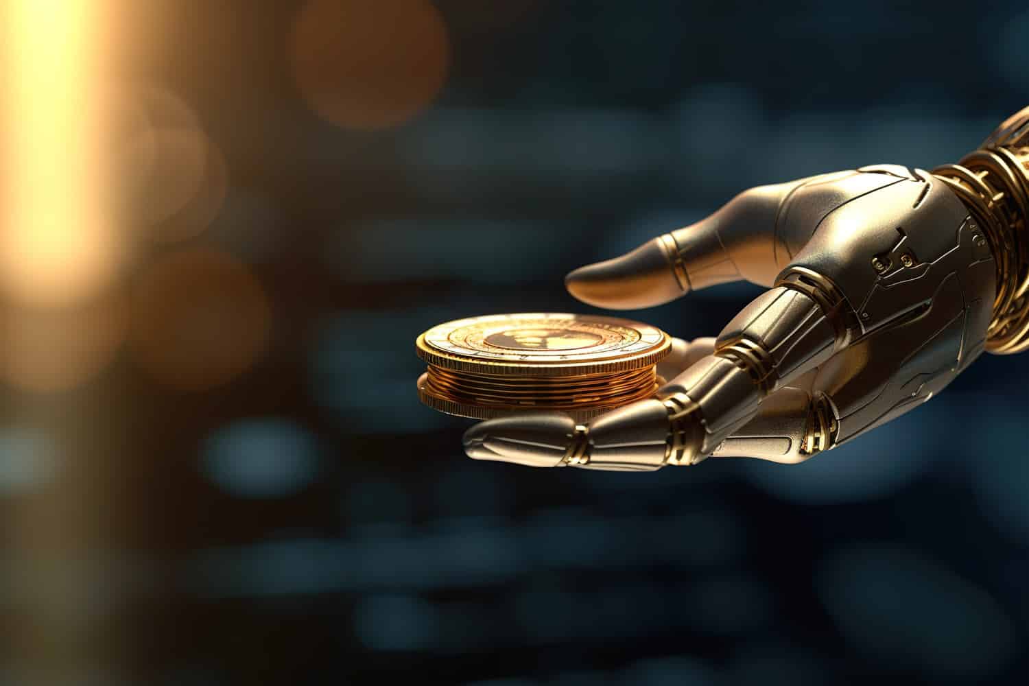 A robotic hand holding a pile of gold-colored coins intended to represent cryptoassets.