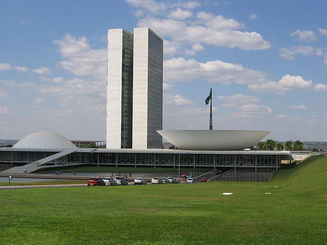 The exterior of the Brazilian Congress and Chamber of Deputies in Brasília, Brazil.