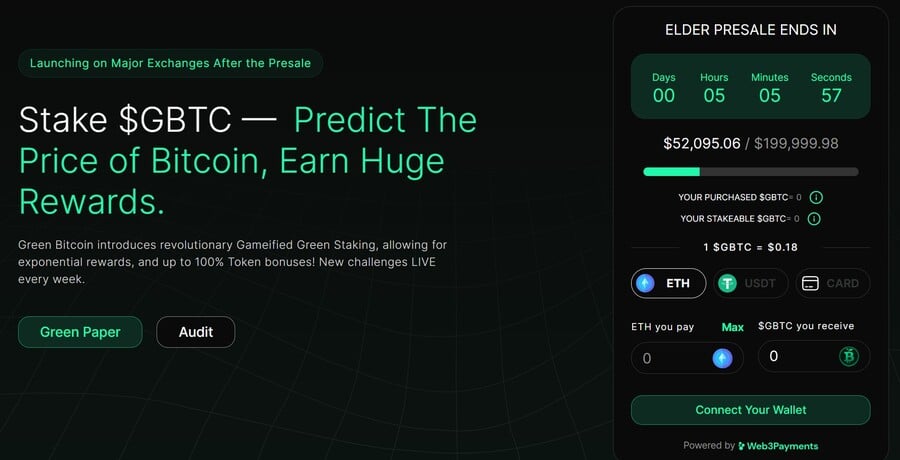 Green Bitcoin coin launch dashboard