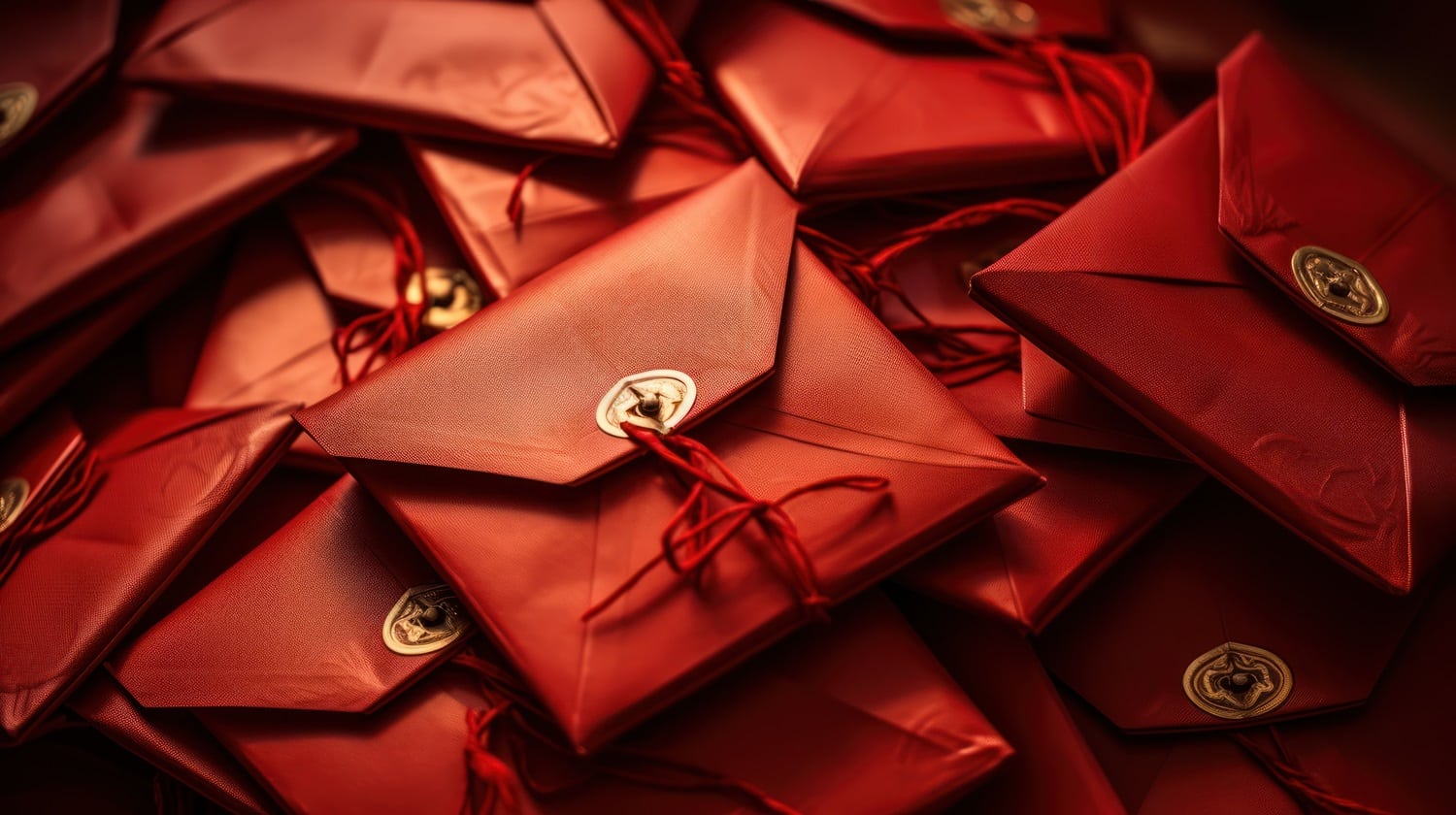 A stack of red envelopes, of the type usually given out during Chinese New Year celebrations.