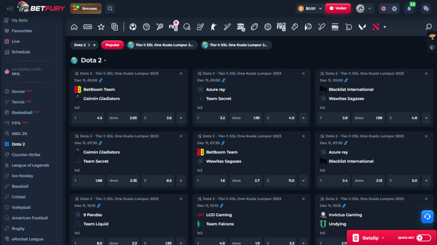 Betfury sportsbook Dota 2 markets