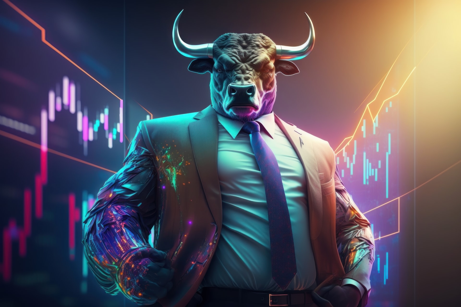 Bull wearing suit working with graph on screen, Bullish in Stock market and Crypto currency. Created by Generative Ai