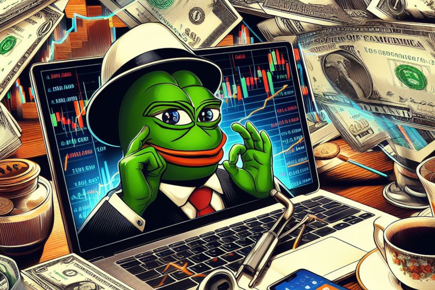صورة ضفدع Pepe على شاشة حاسب محمولٍ أمام خلفيةٍ مليئة بالدولارات