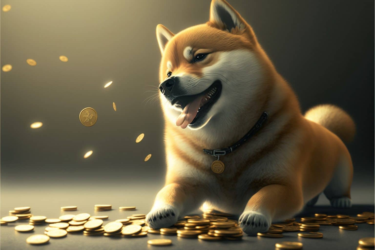 صورةٌ لكلب محاطٍ بعملاتٍ ذهبية اللون