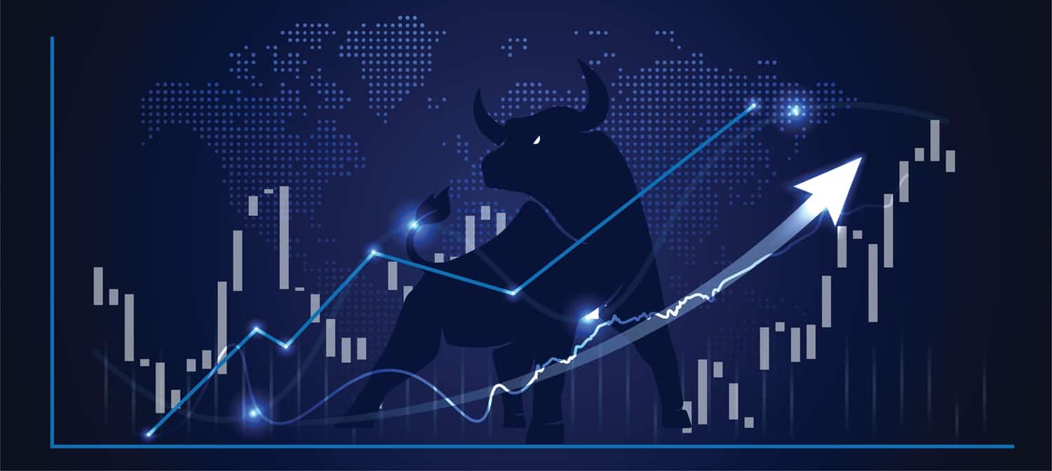 A line graph superimposed with a digitized map of the world and the silhouette of a bull.