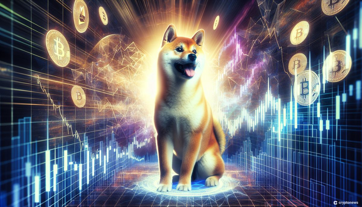 صورةٌ لكلب من فصيلة شيبا إينو يمثل شعار عملة SHIB محاطاً بعملاتٍ ذهبيةٍ تحمل شعار بيتكوين
