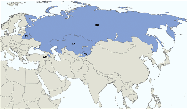 A map showing the five Eurasian Economic Union member states.