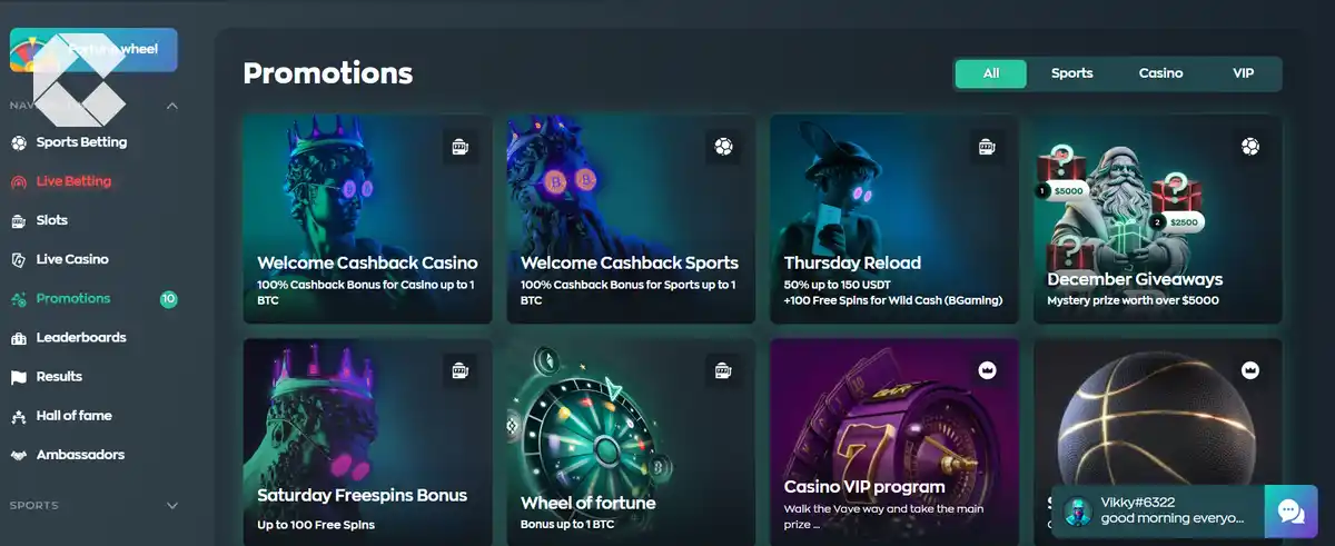 Vave crypto gambling site promotions