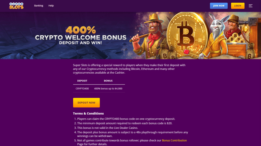 SuperSlots casino crypto bonus