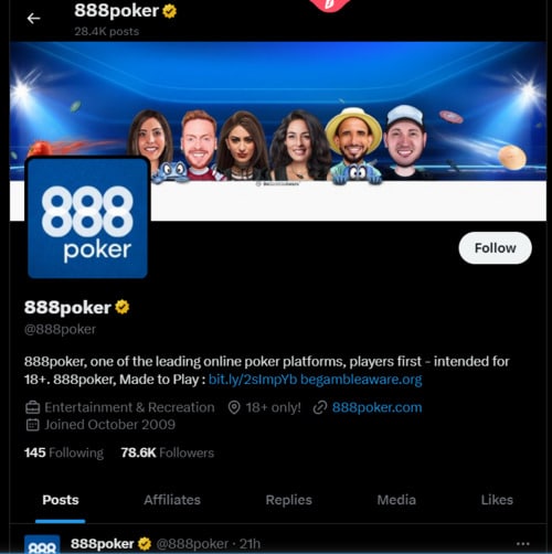 888 brand has separate social media profiles for each of its verticals, each keeping its followers engaged with regular contests and promos. 