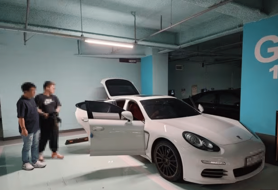 A luxury car seized by police offers in Busan as part of an investigation in into crypto-related crime.