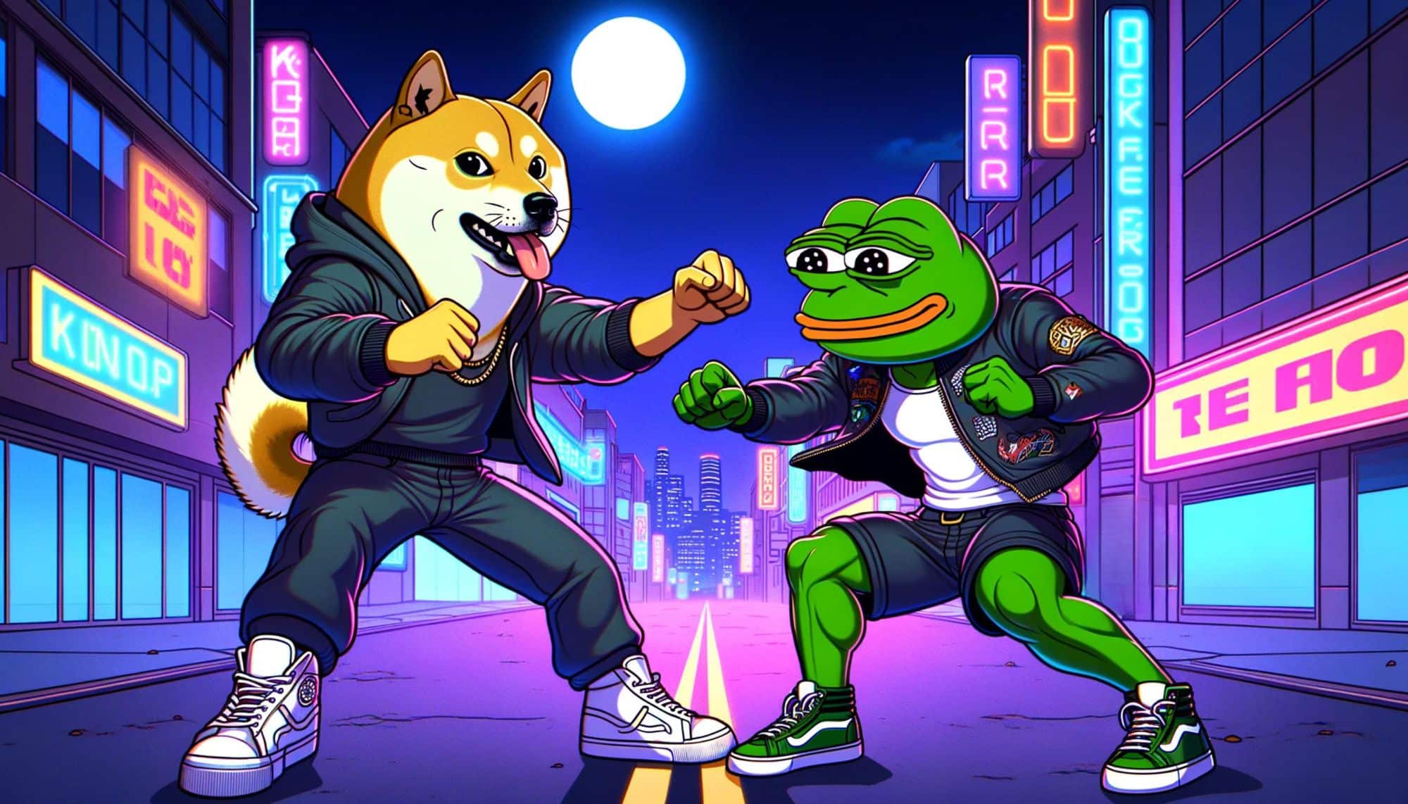 meme characters doge and pepe the frog are fighting against a backdrop of city lights