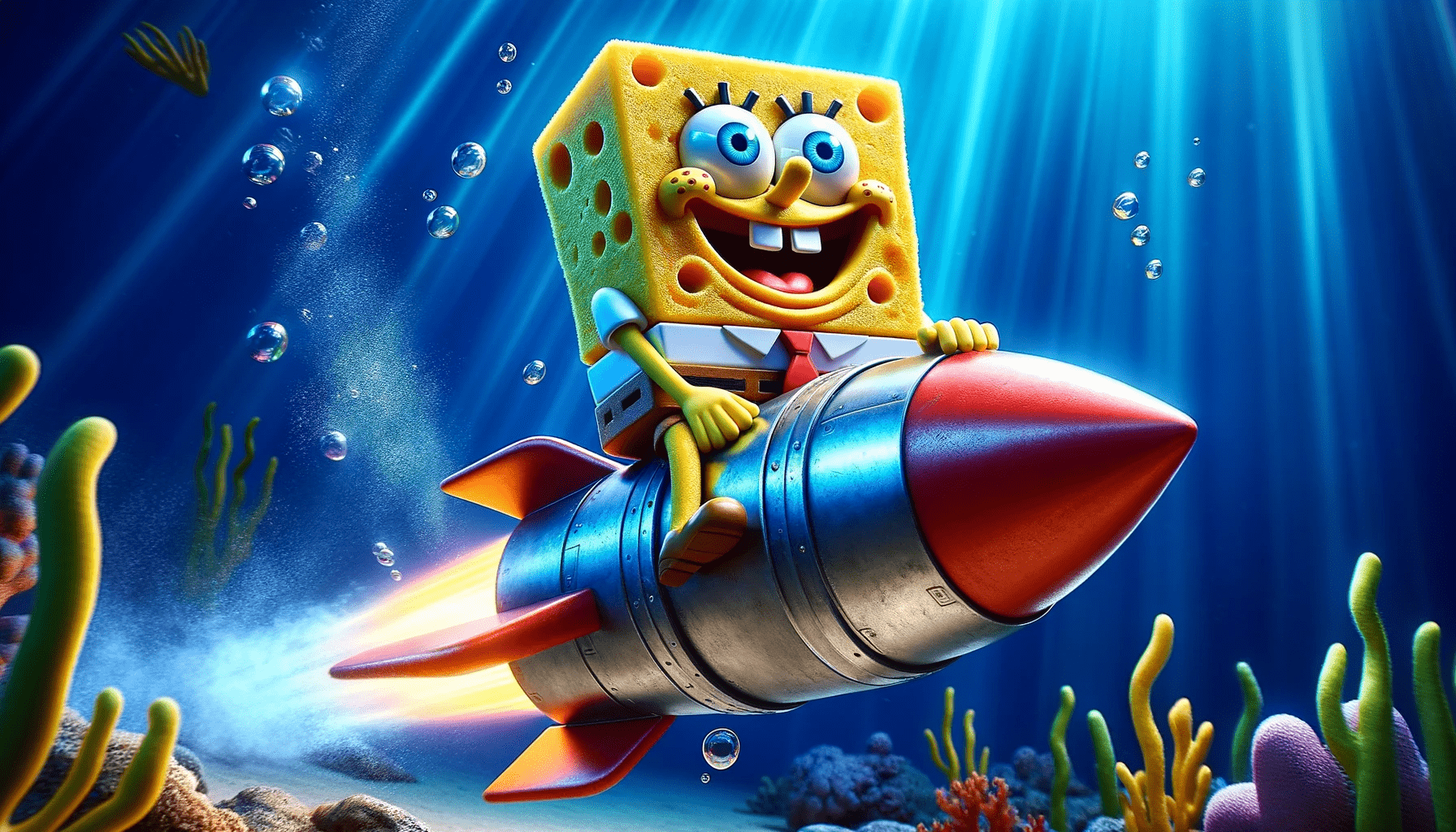 Meme coinSponge v2 mascot riding an underwater rocket. 