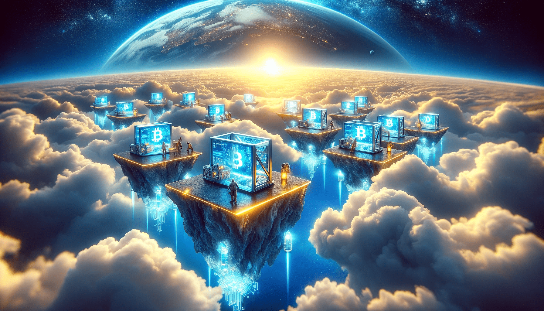Bitcoin mining rigs above the clouds, depicting Bitcoin cloud mining. 