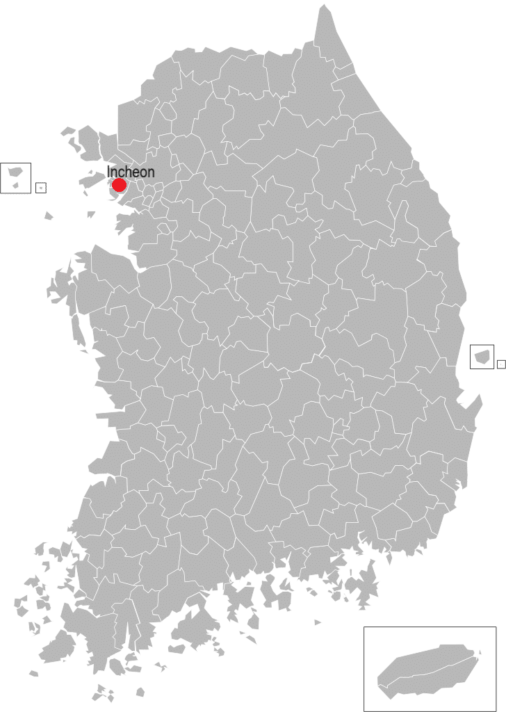 The city of Incheon on a map of South Korea.