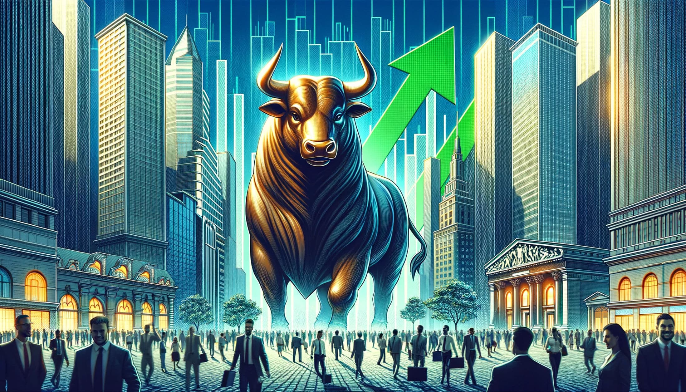 An illustration of a bull market, showing a majestic bull in a bustling financial district with upward-pointing green arrows symbolizing rising stock prices.