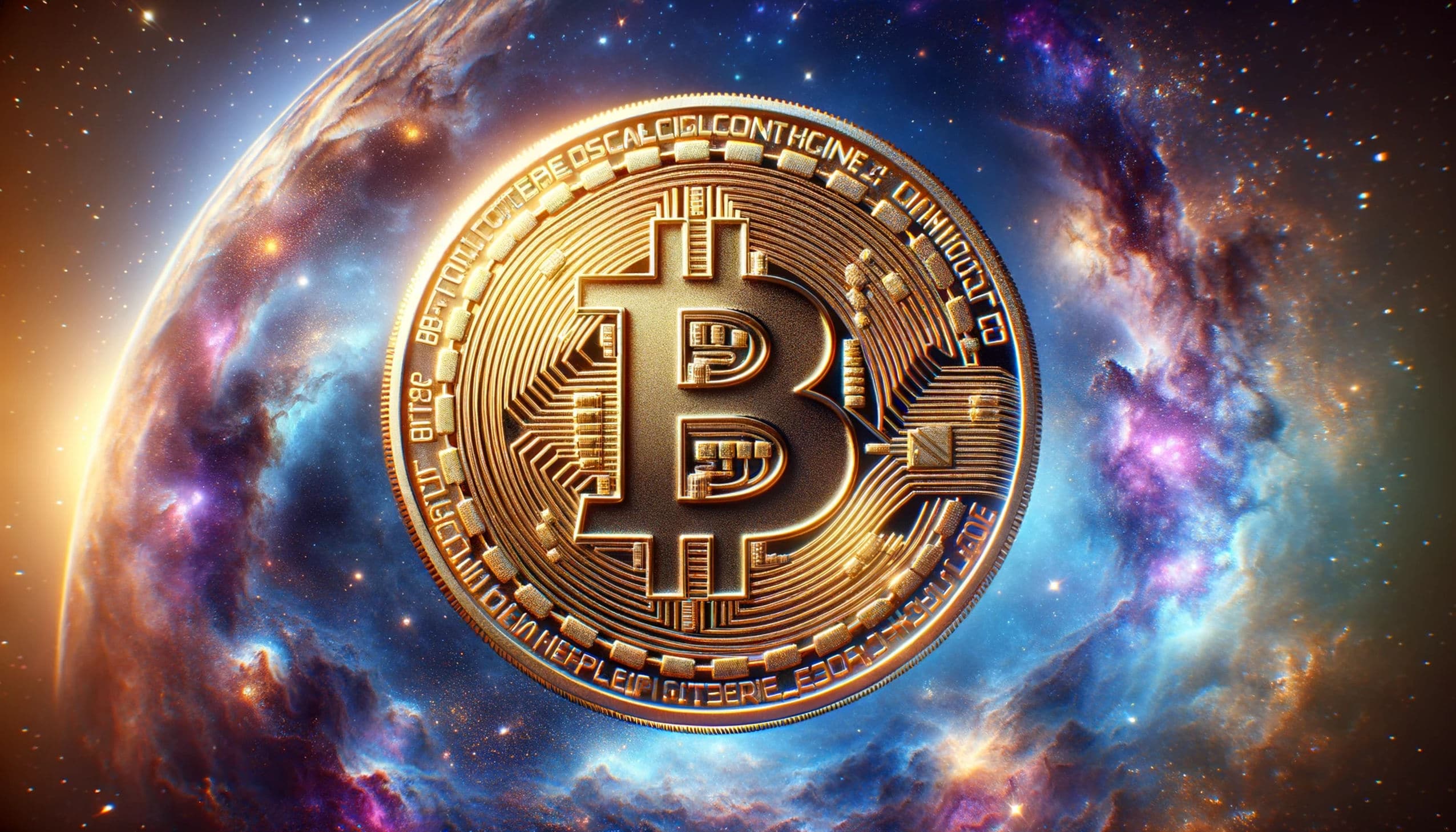 The image shows a golden Bitcoin with detailed engravings against a backdrop of a colorful galaxy, symbolizing the digital currency's futuristic aspirations.