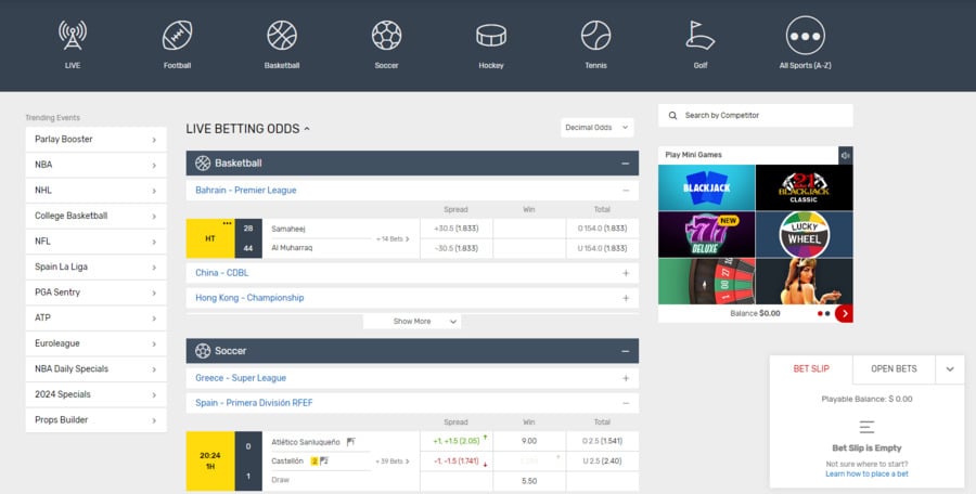 The sports betting section features a detailed page that displays all the basics a bettor needs.