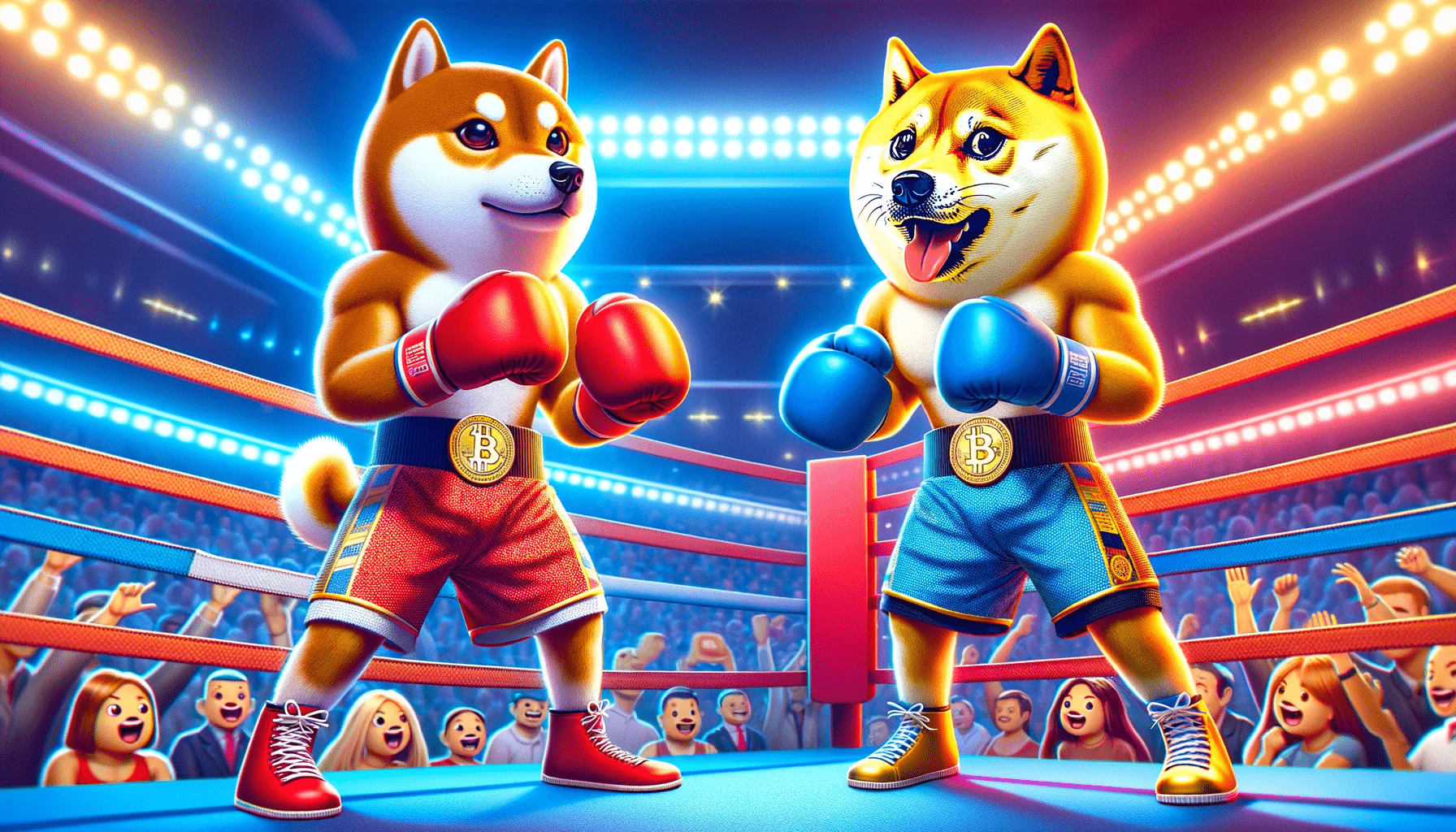 Meme coin mascots Doge and Shiba inu fighting in Meme Kombat Arena