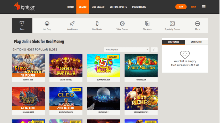 Ignition Casino available slot games