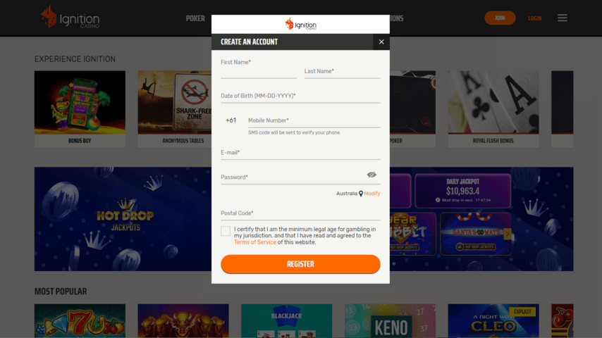 Ignition Casino sign up prompt