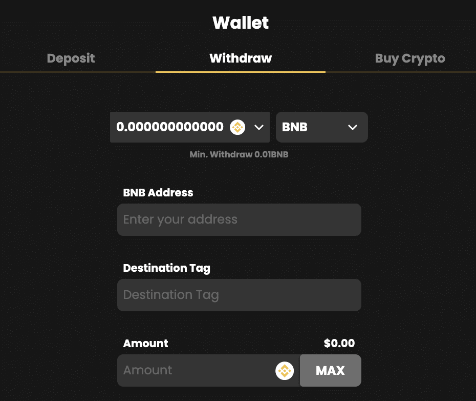 Withdrawing BNB from a casino