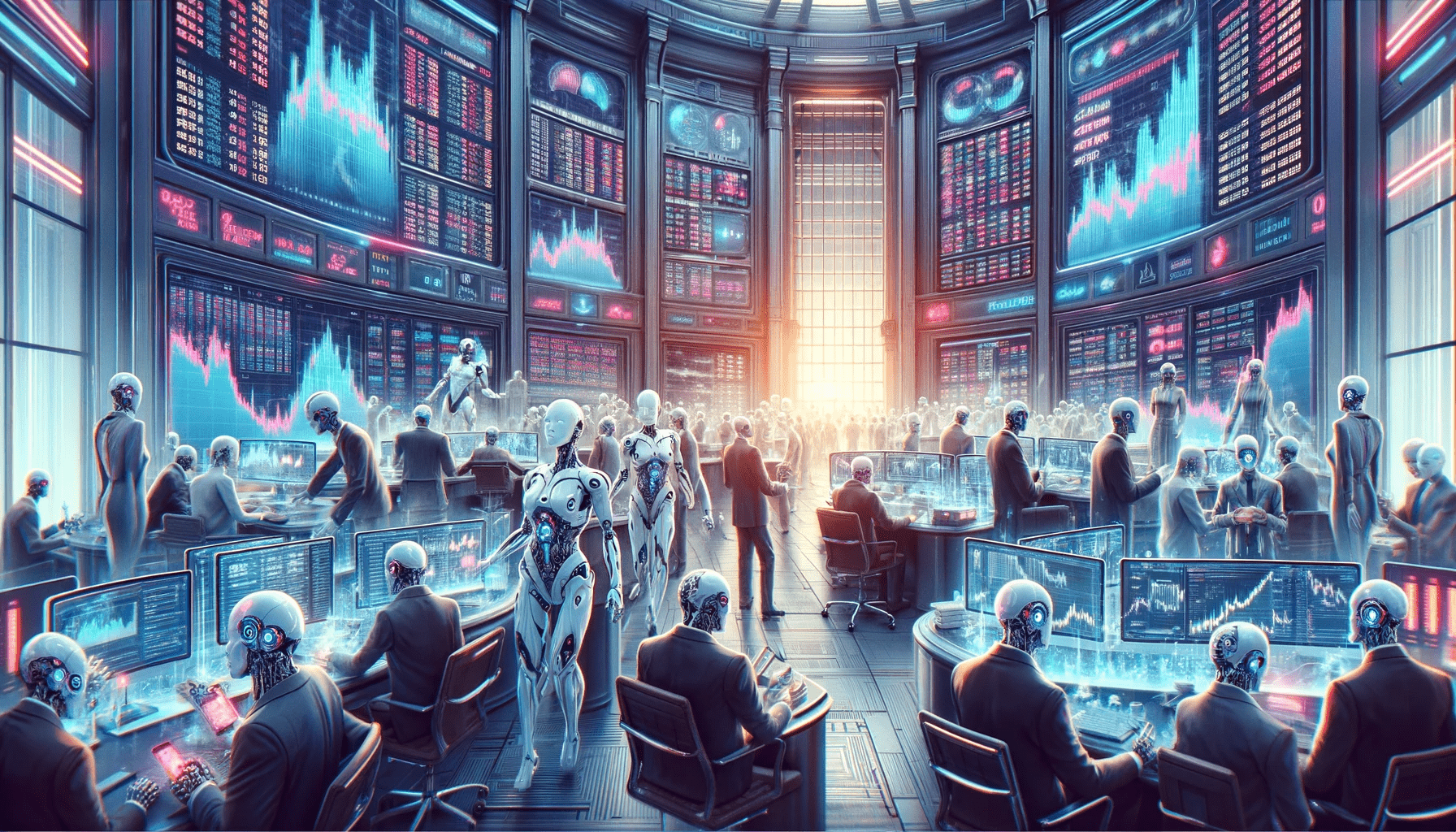 AI performing crypto price predictions in a futuristic office.