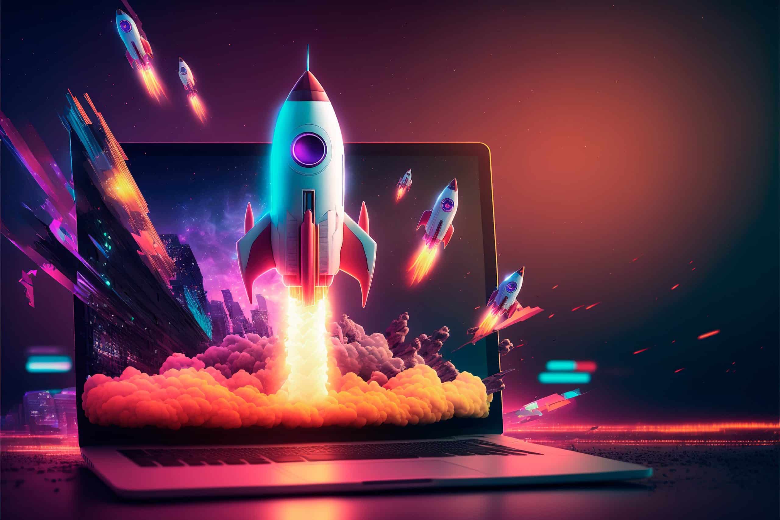 Un cohete que despega de una computadora portátil y representa la nueva criptomoneda de Crypto YouToubers que se espera que se bombee en 2024.