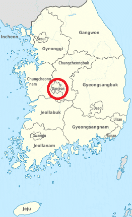 The city of Daejeon marked on a map of South Korea.