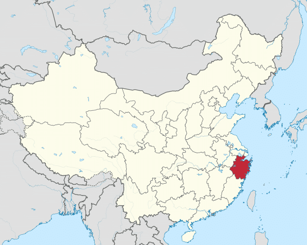 A map of China with Zhejiang Province colored in red.