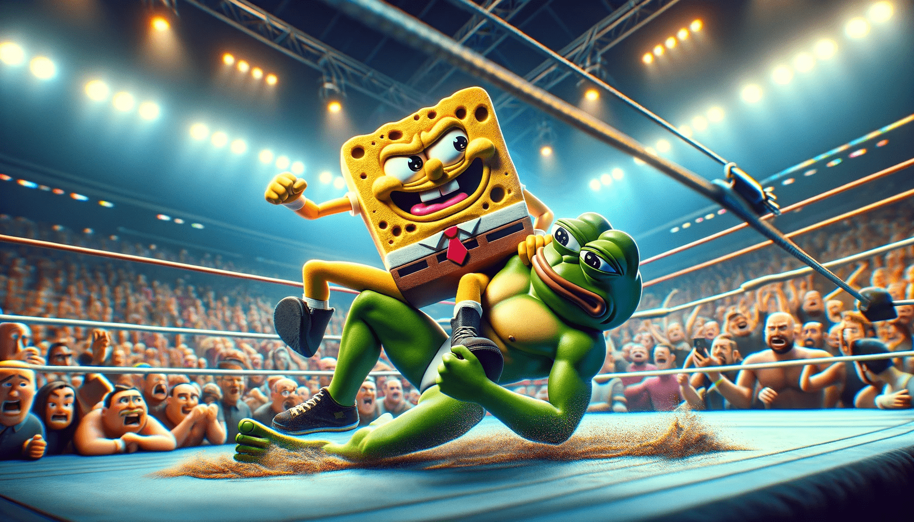 Meme coin mascots SpongeBob and Pepe wrestling in Meme Kombat's battle arena.