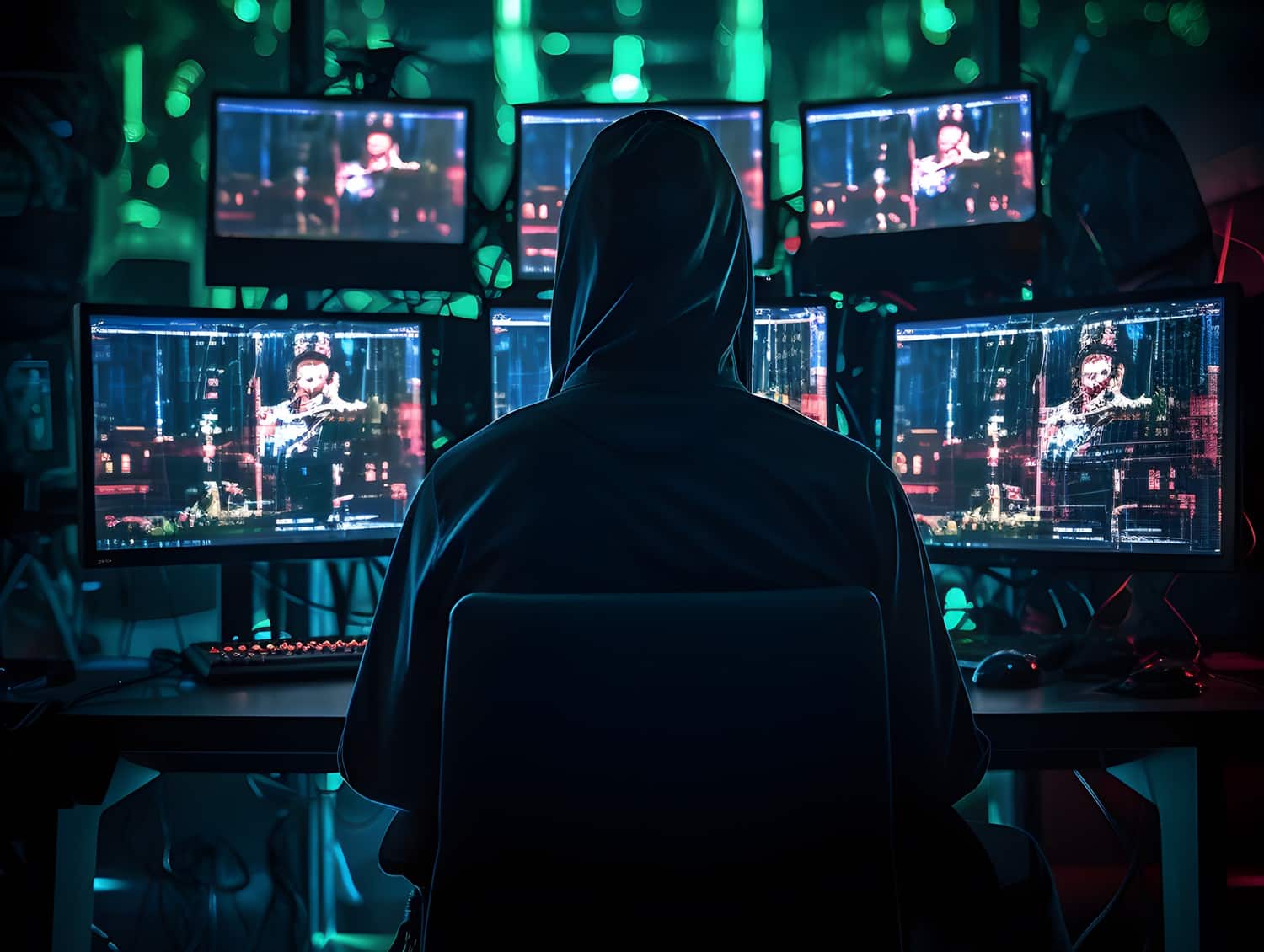 A hooded person sits in a dark room in front of several computer monitors.