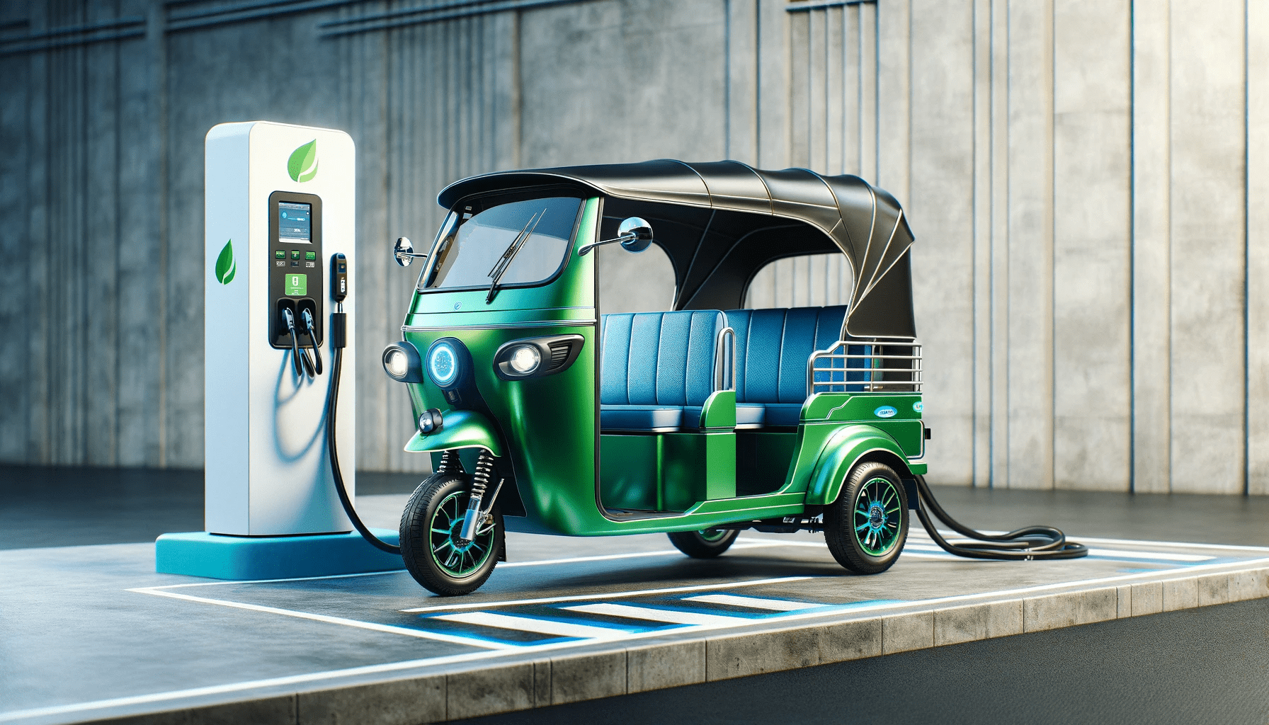 صورةٌ من ابتكار الذكاء الصنعيّ لمركبة توك توك وإلى جانبها محطة شحن كهربائيّ