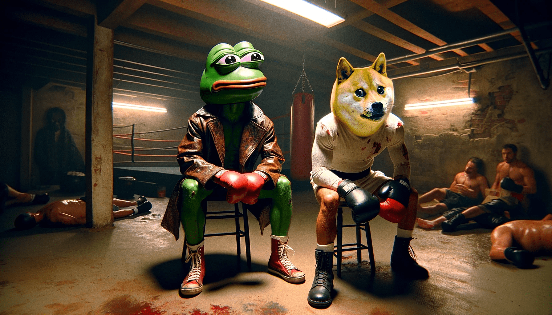 Meme coin mascots in a boxing basement