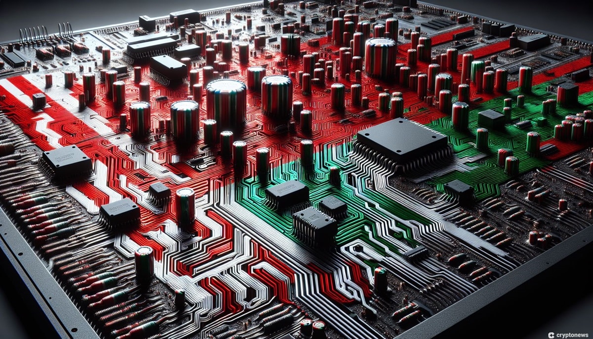 A circuit board decorated in the colors of the flag of Belarus.