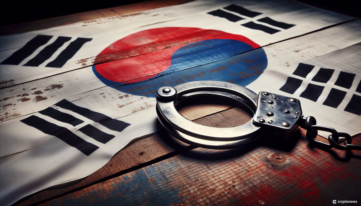 A set of handcuffs on a wooden table decorated in the colors of the South Korean flag.