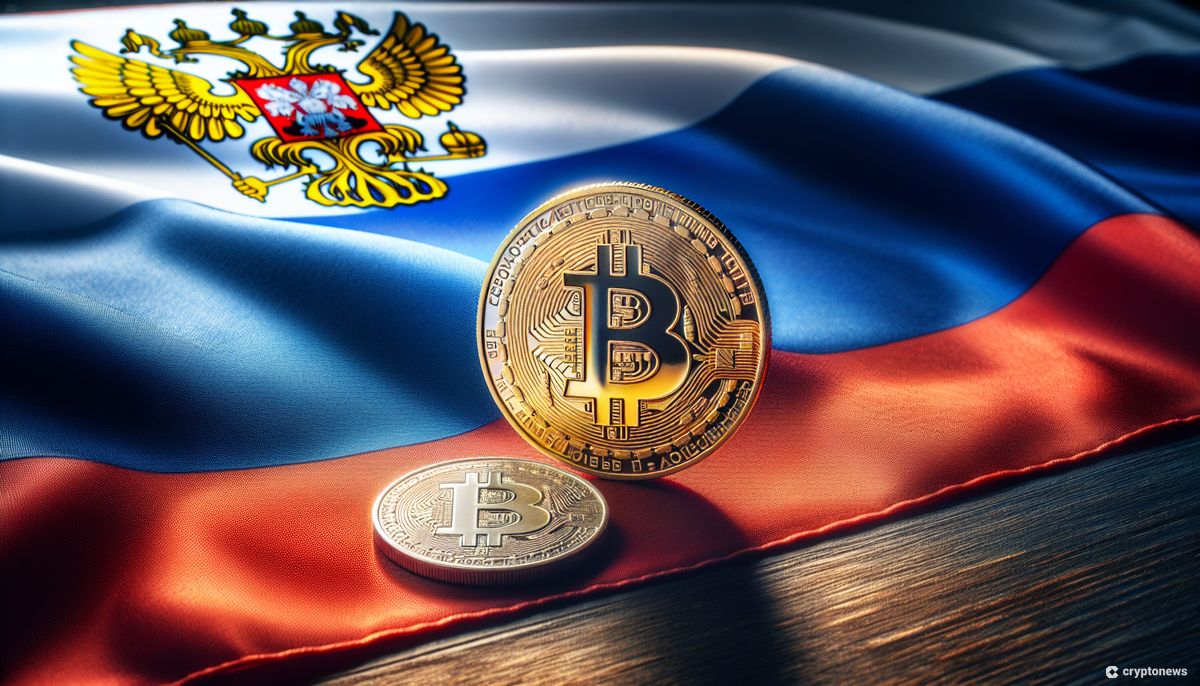 Metal coins intended to represent Bitcoin on a Russian flag.