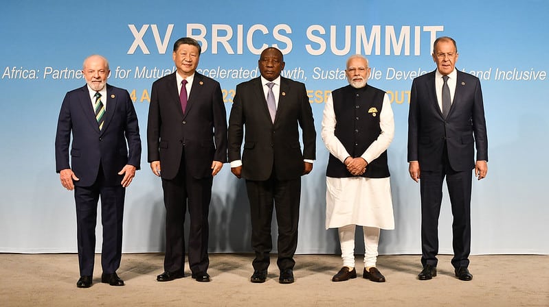 The Presidents of Brazil, China, South Africa, and India, with the Russian Foreign Minister at last year’s BRICS summit in Johannesburg.