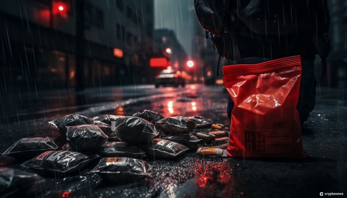 Bags of drugs on the ground in a city street.