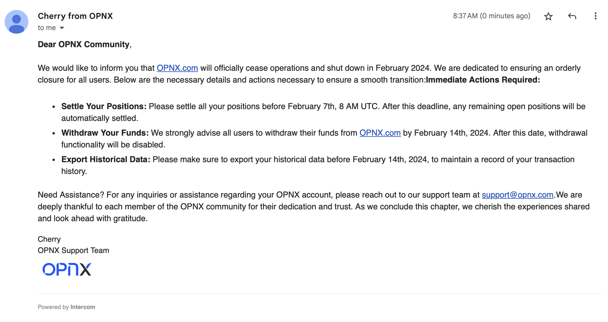 Email to customers announcing the closure of OPNX.