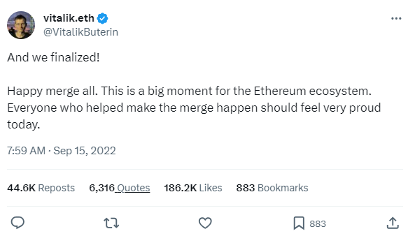 Vitalik Buterin tweets about Ethereum merge