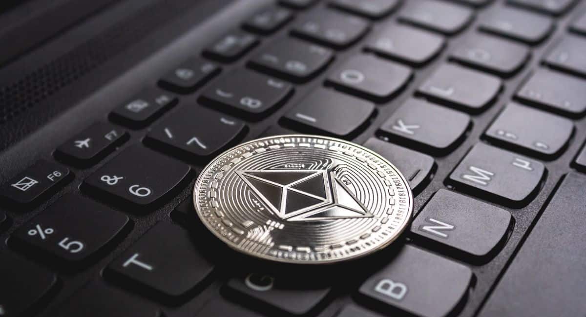 Ethereum coin on keyboard