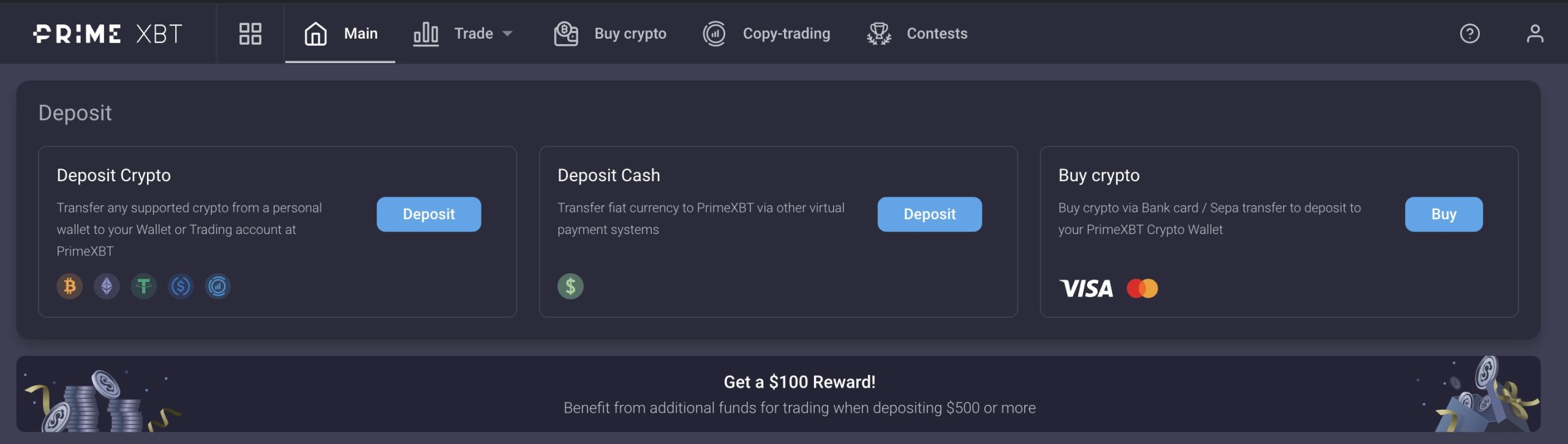 PrimeXBT Deposit Page