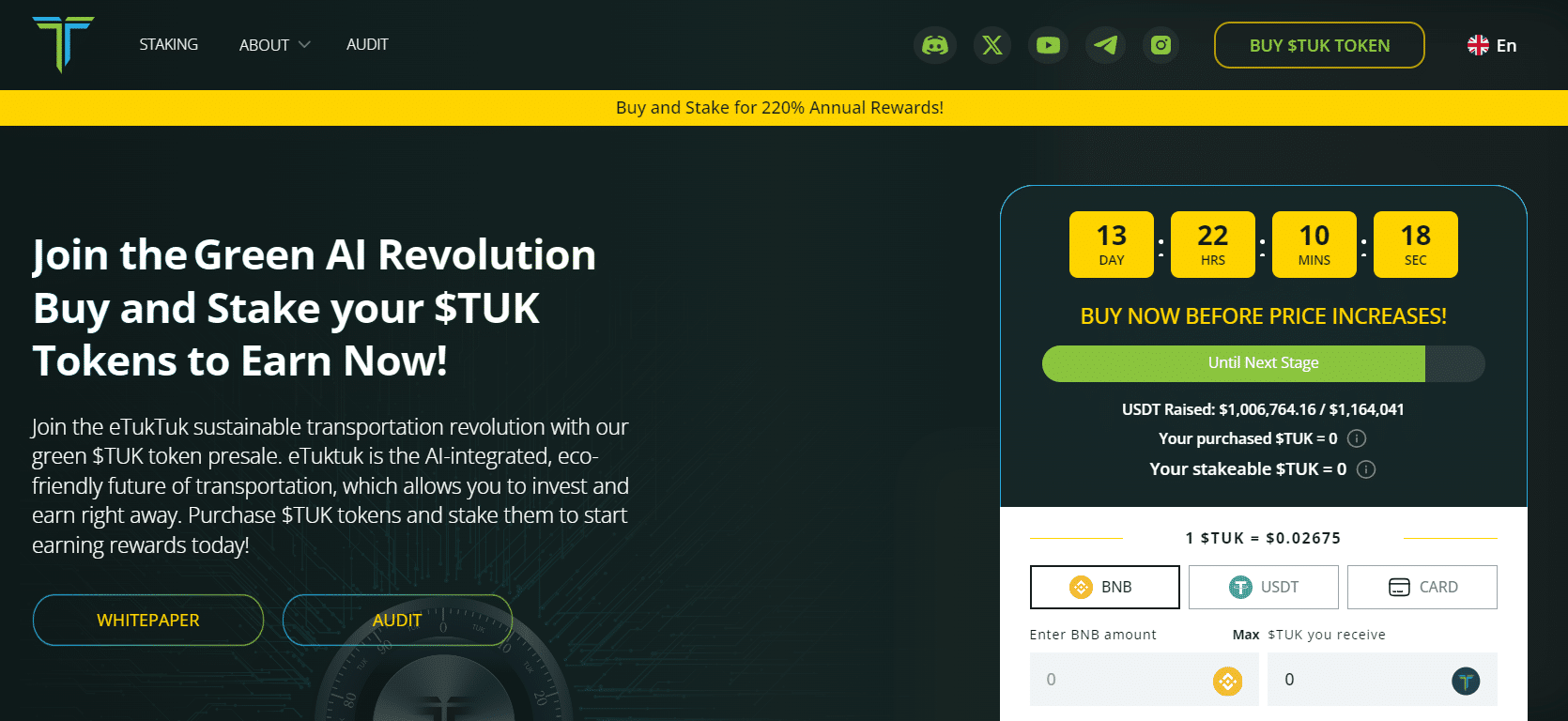 In major development for DePIN, rising crypto $TUK has smashed a whopping $1M raised in the eTukTuk presale, can crypto stop climate change?