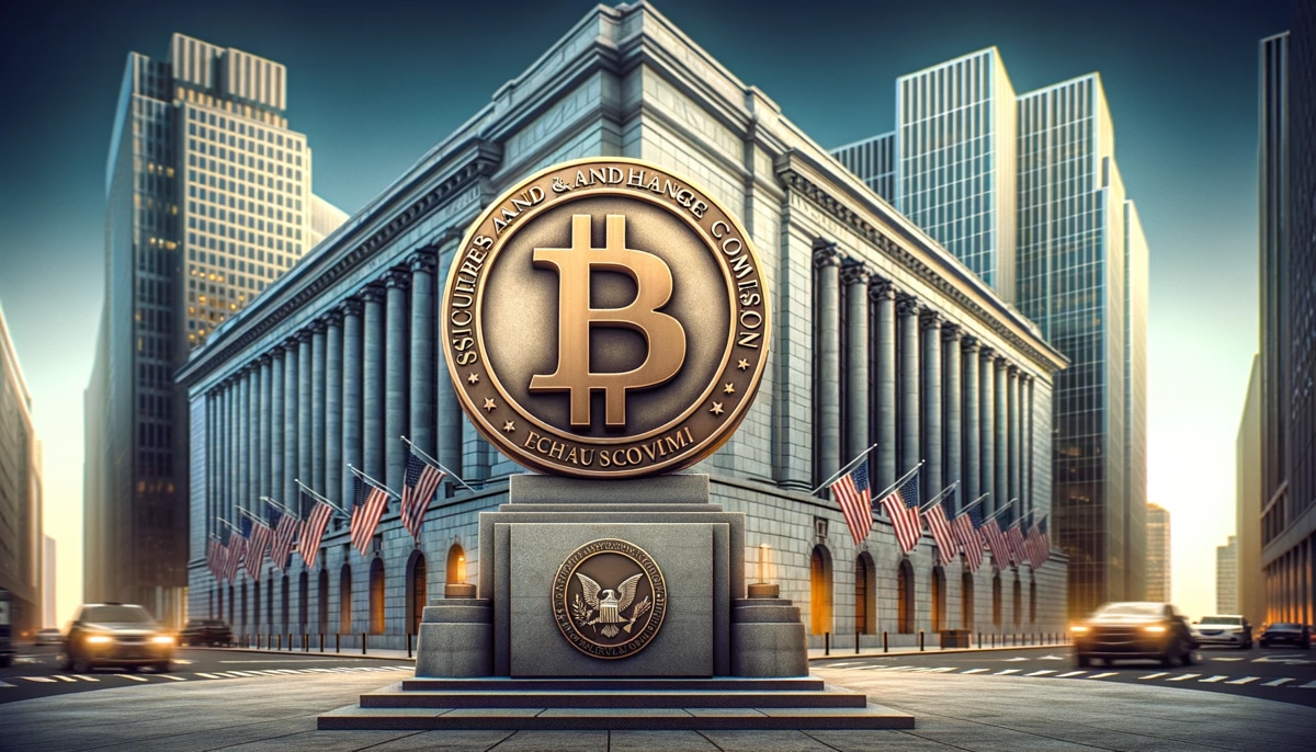 Illustration of a grand neoclassical building with a giant Bitcoin emblem, representing the concept of Bitcoin spot ETFs, surrounded by skyscrapers under a clear sky.